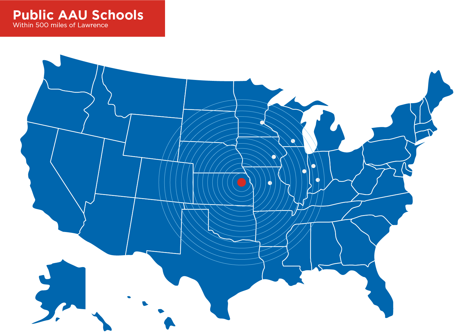 A map of the United States and the locations of AAU schools within 300 miles of Lawrence, KS