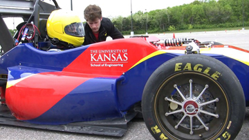 The KU Formula car team prepares to test drive this year's vehicle.