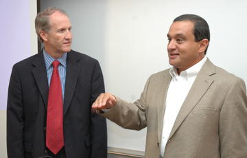 Engineering Dean Stuart Bell (left) with Electrical Engineering and Computer Science Professor Arvin Agah