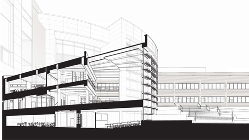 A cross section view of the front entry of the LEEP2 building on the main campus.
