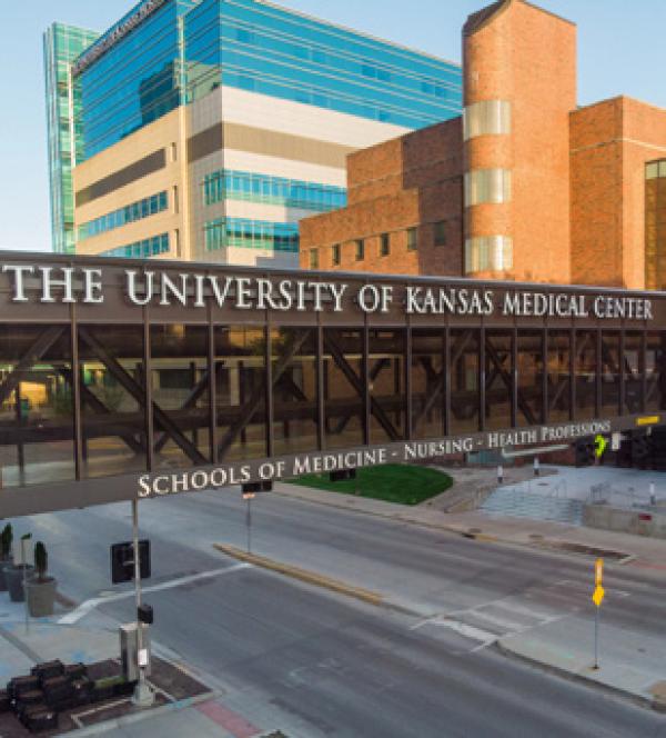University Of Kansas Medical Center building with walkway over the street beneath
